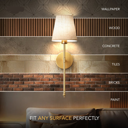 Wall lamp fixture on various wall finishes including wallpaper, wood, concrete, tiles, bricks, and paint.